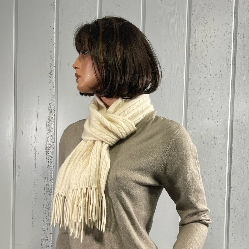 *Casual Corner Women's Cream Cable Knit Scarf with Fringes